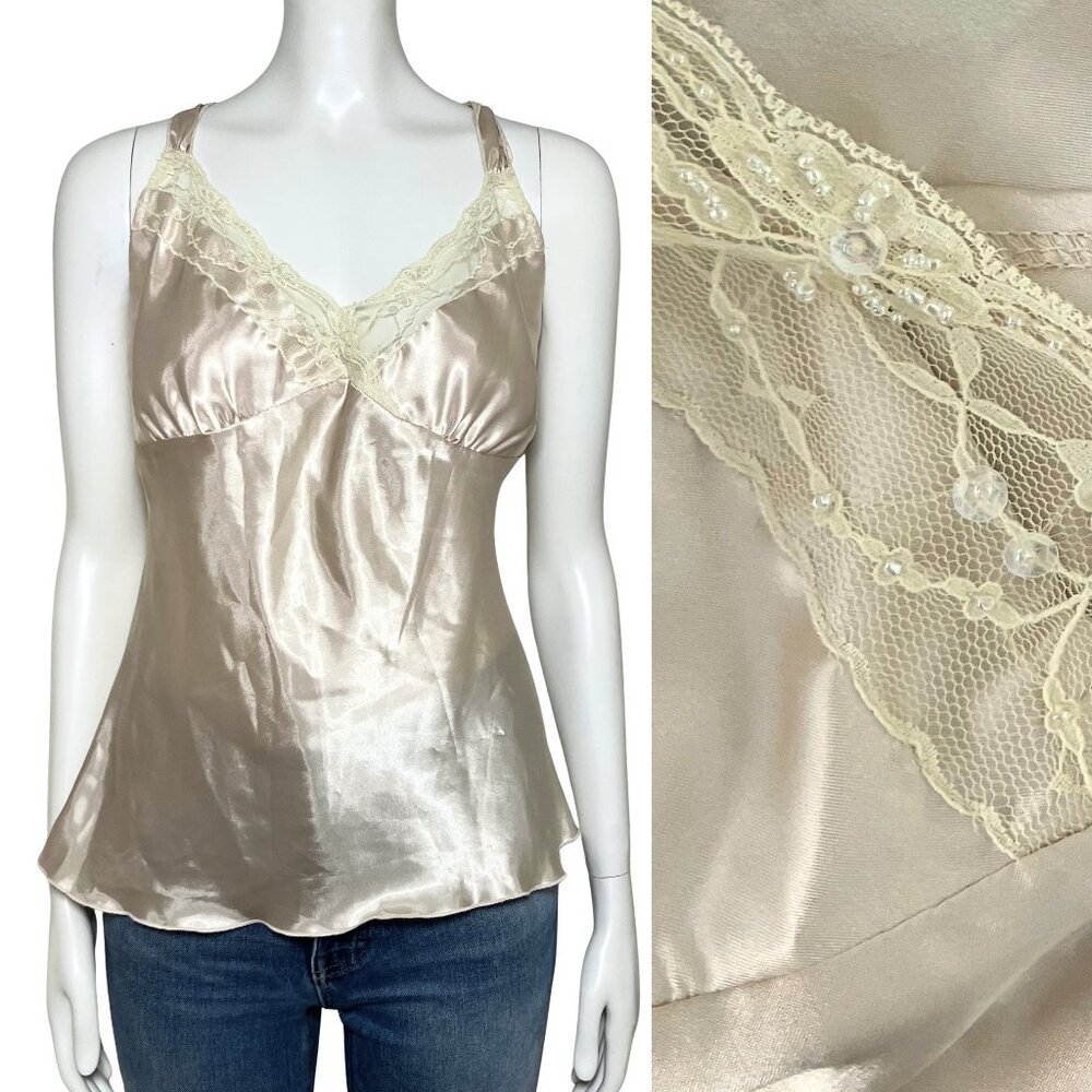 Vintage Y2K Satin Babydoll Cami Going Out Top Large Pale Gold Sequin Beaded Lace